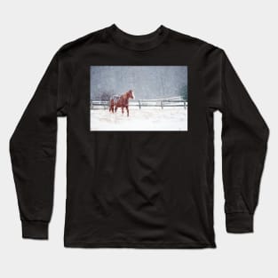 Horse In Snow Storm Long Sleeve T-Shirt